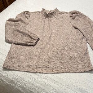 LOFT Tan and Black Dot Smocked Neck Puff Sleeve Blouse